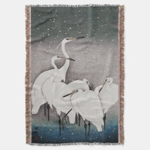 Koson Egrets in the Snow: Vintage Japanese Throw Blanket