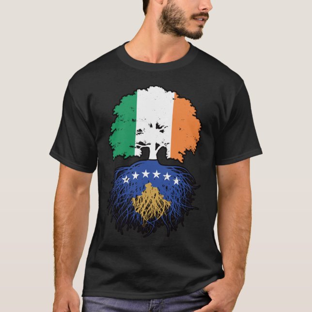 Kosovo Kosovar Irish Ireland Tree Roots Flag T-Shirt (Front)