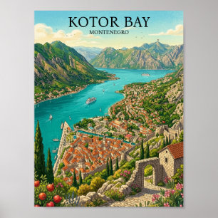 Kotor Bay Montenegro Retro Vintage Travel Poster