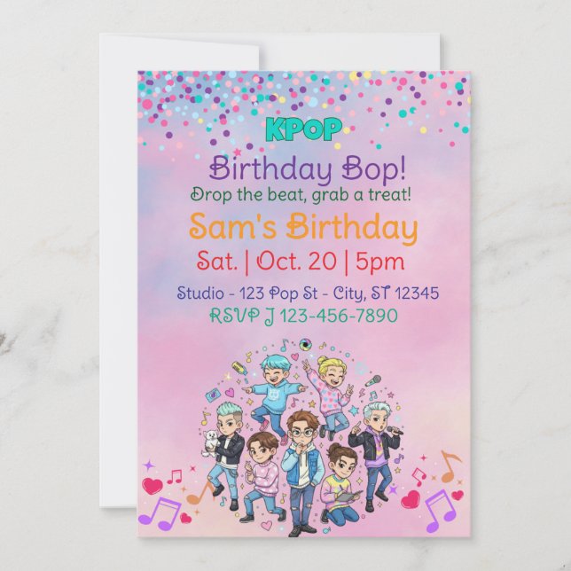 KPOP Birthday Bop, Colorful Boy Band Invitation (Front)