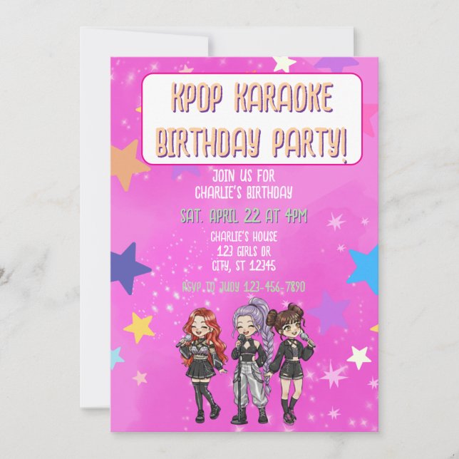KPOP Karaoke Birthday, pink stars Invitation (Front)