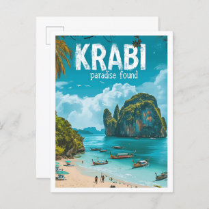 Krabi Thailand Vintage Art Travel Illustration Postcard