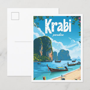 Krabi Thailand Vintage Art Travel Illustration Postcard