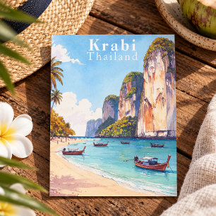 Krabi Thailand Vintage Cliffs and Longtail Boats Postcard