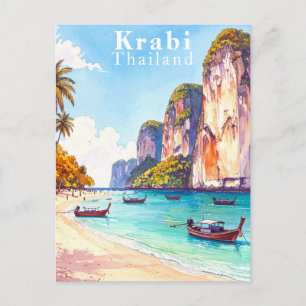 Krabi Thailand Vintage Cliffs and Longtail Boats Postcard