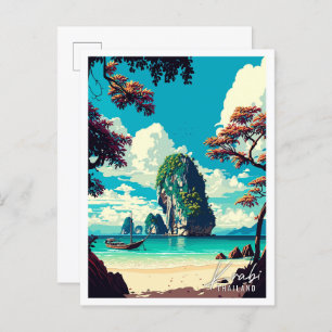 Krabi Thailand vintage travel illustration Postcard