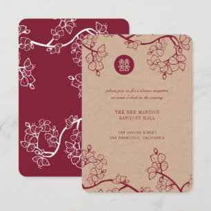 Kraft And Red Plum Blossoms Modern Asian Wedding Invitation