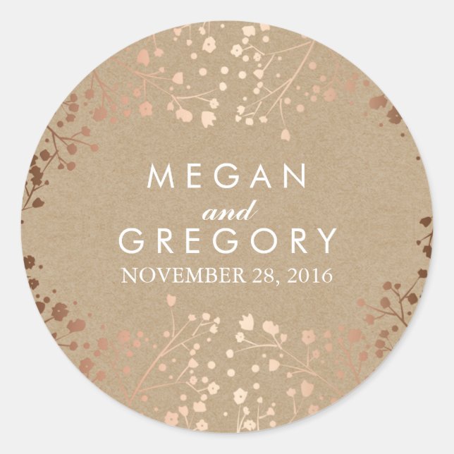 Kraft and Rose Gold Baby's Breath Wedding Classic Round Sticker (Front)
