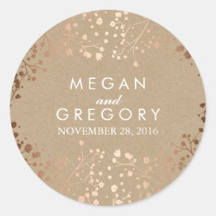 Kraft and Rose Gold Baby's Breath Wedding Classic Round Sticker