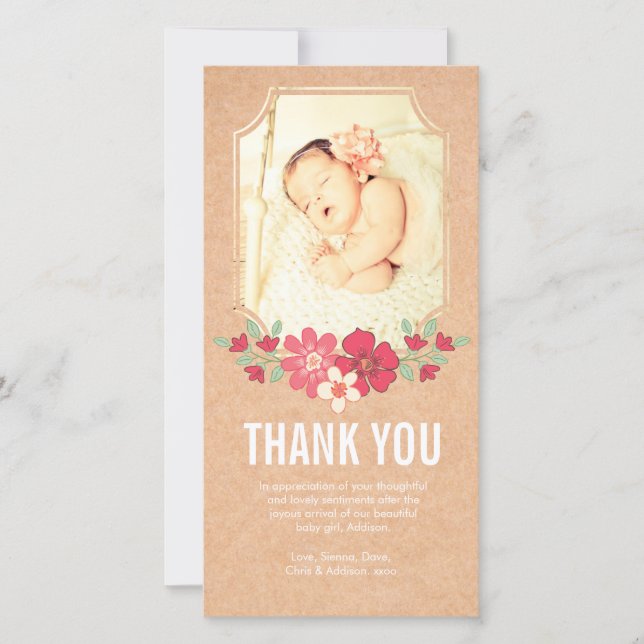 Kraft Baby Girl Thank You Flowers Photo Card (Front)