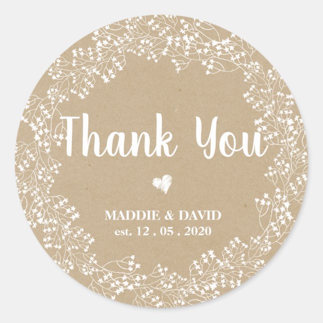 Kraft Babys Breath Wedding Thank You Custom Classic Round Sticker (Front)