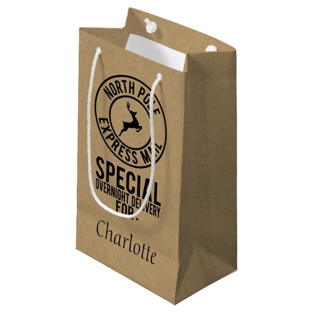 Kraft & Black North Pole Delivery Name Gift Bag (Front Angled)