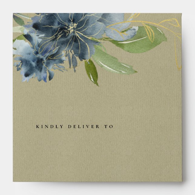 KRAFT BLUE GOLD GREEN FLORAL WATERCOLOR ADDRESS ENVELOPE (Front)