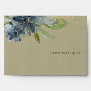 KRAFT BLUE GOLD GREEN FLORAL WATERCOLOR ADDRESS ENVELOPE