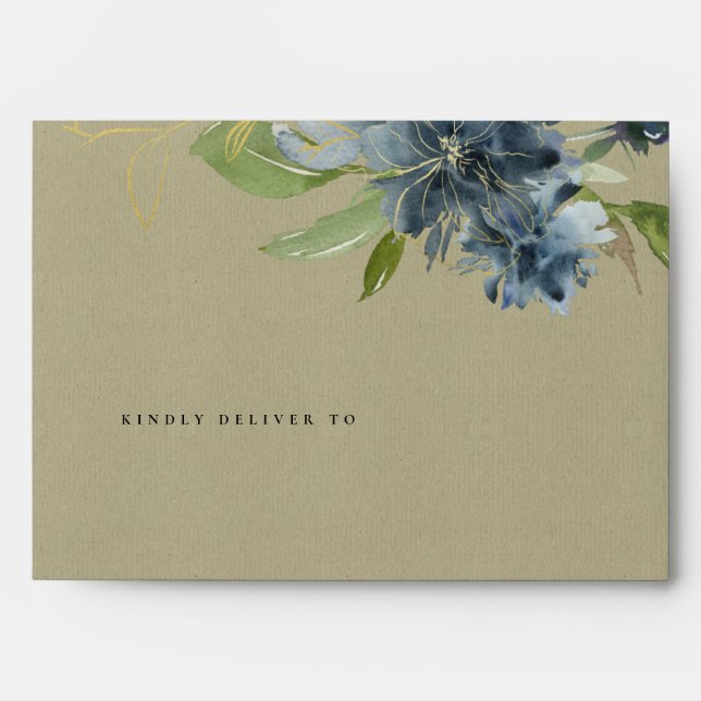 KRAFT BLUE GOLD GREEN FLORAL WATERCOLOR ADDRESS ENVELOPE (Front)
