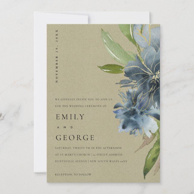 KRAFT BLUE GREEN GOLD FLORAL WEDDING INVITE (Front)