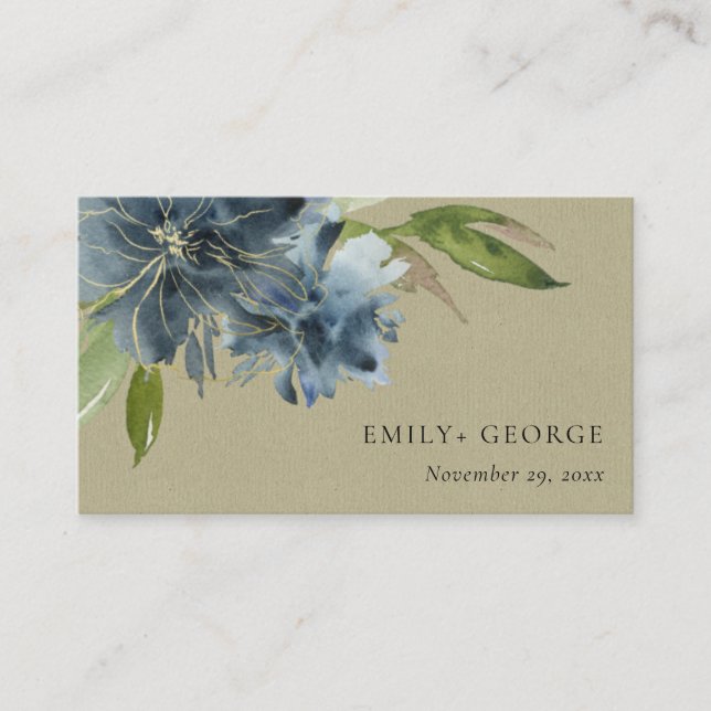 KRAFT BLUE GREEN GOLD FLORAL WEDDING WEBSITE BUSINESS CARD (Front)