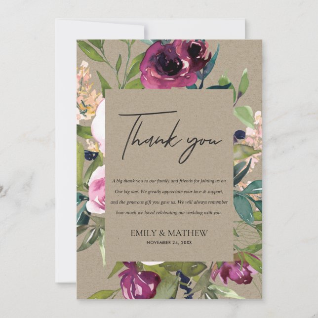 KRAFT BLUSH BURGUNDY FLORA BUNCH WEDDING THANK YOU INVITATION (Front)