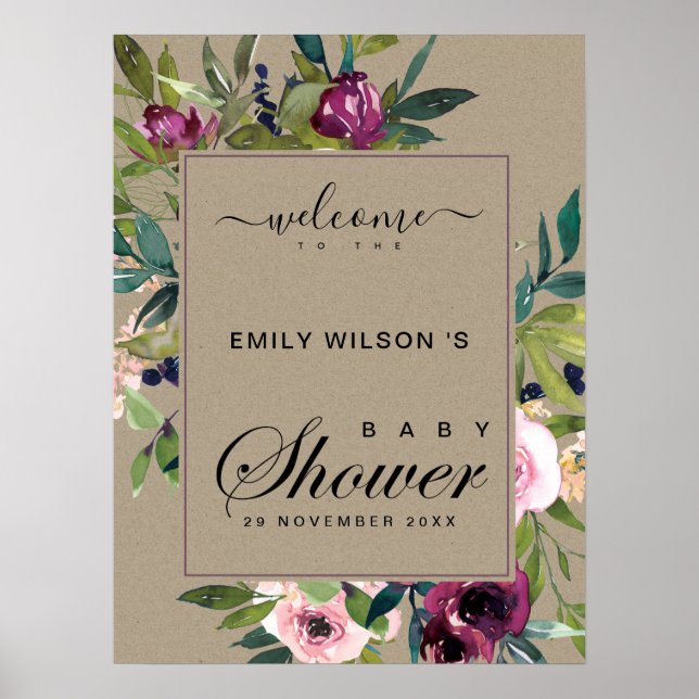 KRAFT BLUSH BURGUNDY FLORAL BABY SHOWER WELCOME POSTER (Front)