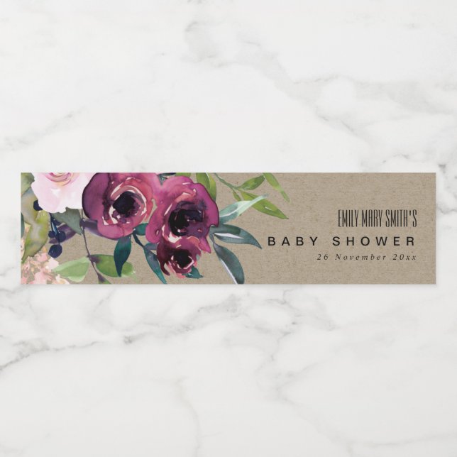 KRAFT BLUSH BURGUNDY FLORAL BUNCH BABY SHOWER WATER BOTTLE LABEL (Single Label)
