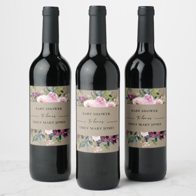 KRAFT BLUSH BURGUNDY FLORAL BUNCH BABY SHOWER WINE LABEL (Bottles)