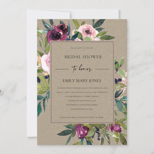 KRAFT BLUSH BURGUNDY FLORAL BUNCH BRIDAL SHOWER INVITATION (Front)