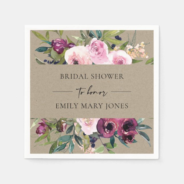 KRAFT BLUSH BURGUNDY FLORAL BUNCH BRIDAL SHOWER NAPKIN (Front)