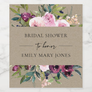 KRAFT BLUSH BURGUNDY FLORAL BUNCH BRIDAL SHOWER WINE LABEL