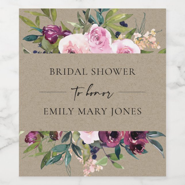 KRAFT BLUSH BURGUNDY FLORAL BUNCH BRIDAL SHOWER WINE LABEL (Single Label)