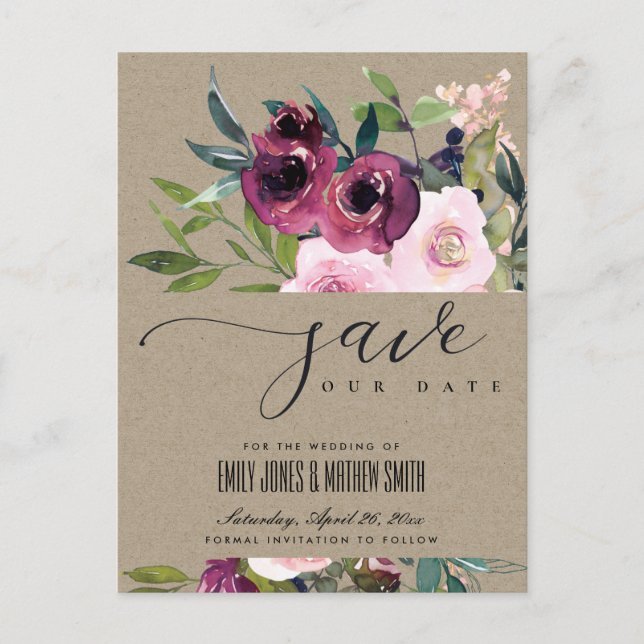 KRAFT BLUSH BURGUNDY FLORAL BUNCH SAVE THE DATE ANNOUNCEMENT POSTCARD (Front)