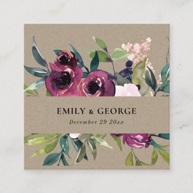 KRAFT BLUSH BURGUNDY FLORAL BUNCH WEDDING WEBSITE SQUARE BUSINESS CARD (Front)