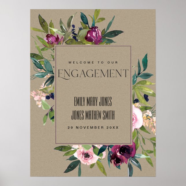 KRAFT BLUSH BURGUNDY FLORAL ENGAGEMENT WELCOME POSTER (Front)