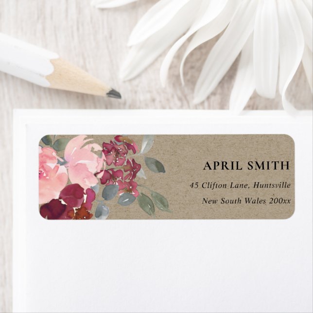KRAFT BLUSH BURGUNDY WATERCOLOR ROSE FLORA ADDRESS (Insitu)
