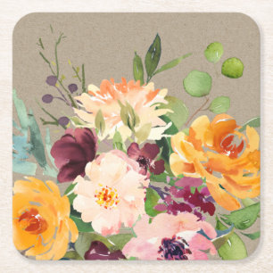 Kraft Blush Yellow Orange Burgundy Floral Bunch  Square Paper Coaster