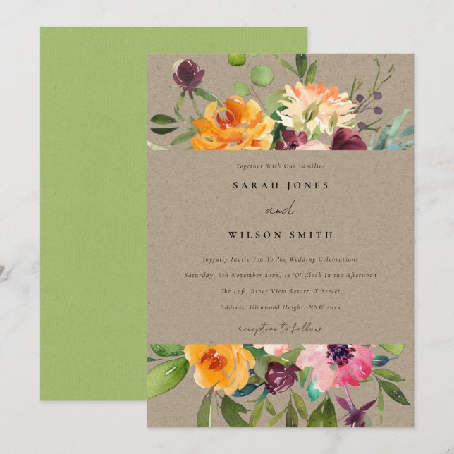KRAFT BLUSH YELLOW ORANGE FLORAL BUNCH WEDDING INVITATION (Front/Back)