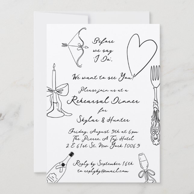 Kraft Boho Black Doodle Retro Rehearsal Dinner Invitation (Front)