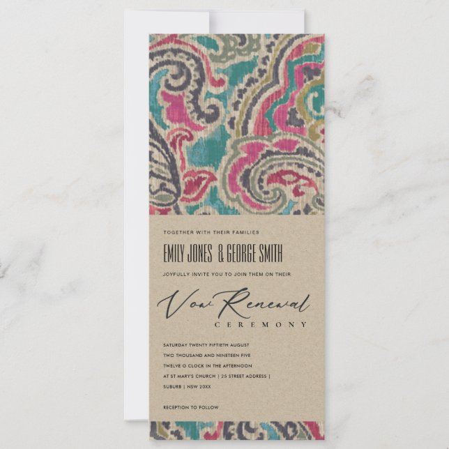 KRAFT BOHO IKAT TRIBAL PATTERN PINK VOW RENEWEL INVITATION (Front)