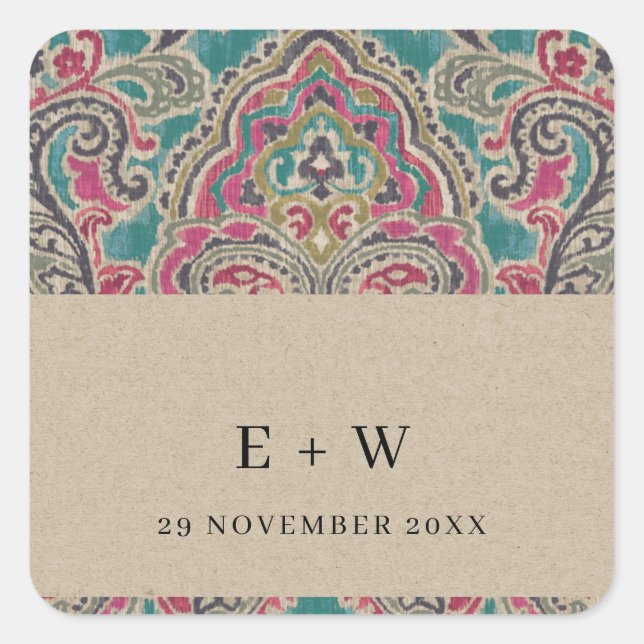 KRAFT BOHO TRIBAL IKAT PINK TEAL MONOGRAM WEDDING SQUARE STICKER (Front)