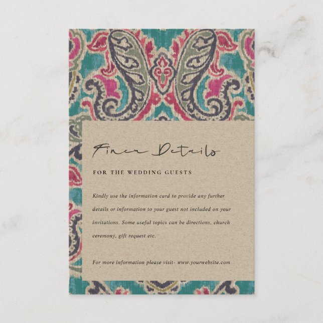 KRAFT BOHO TRIBAL IKAT PINK TEAL WEDDING DETAILS E ENCLOSURE CARD (Front)