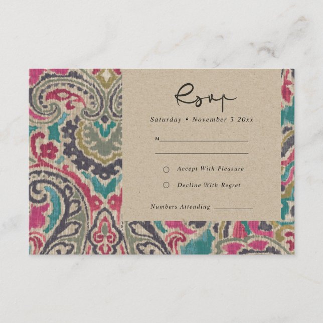 KRAFT BOHO TRIBAL IKAT PINK TEAL WEDDING RSVP  ENCLOSURE CARD (Front)