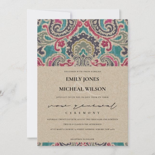 KRAFT BOHO TRIBAL IKAT PINK VOW RENEWAL INVITE (Front)