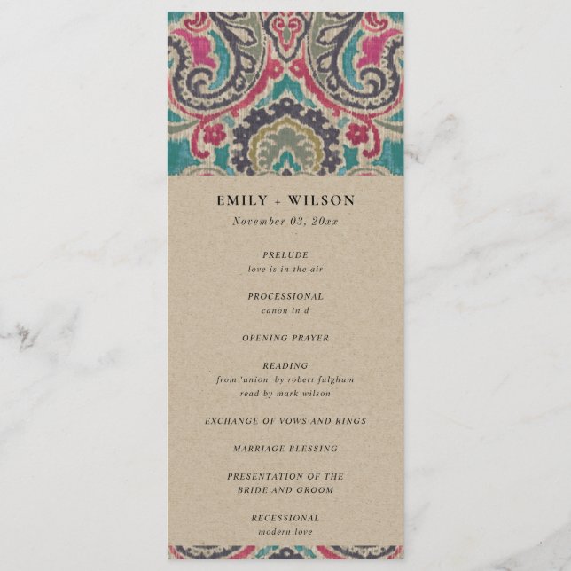 KRAFT BOHO TRIBAL IKATFL WEDDING CEREMONY PROGRAM MENU (Front)