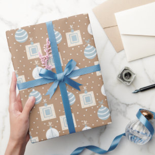 KRAFT BROWN and BLUE CHRISTMAS ORNAMENTS  Wrapping Paper