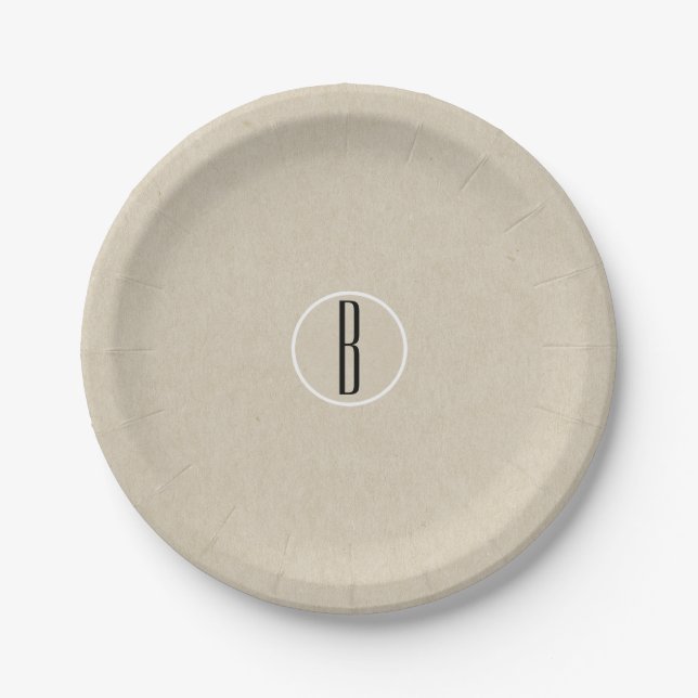 Kraft Brown Chic Monogram Letter Initial Rustic Paper Plate (Front)