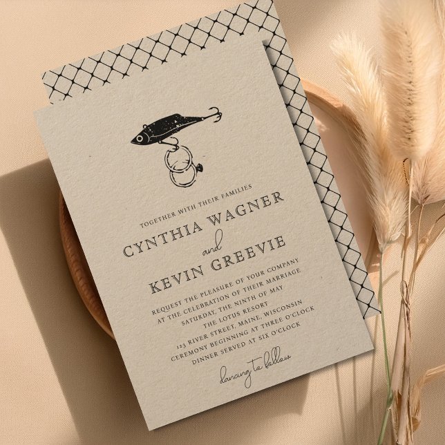 Kraft Brown Rustic Fishing Lure Rings Black Invitation (Creator Uploaded)