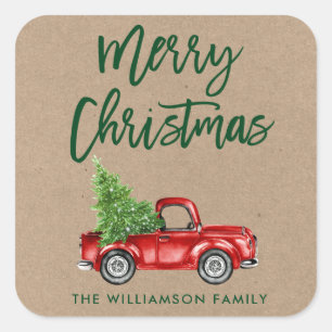 Kraft Brush Script Truck Christmas Square Sticker