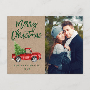 Kraft Brush Script Truck Couple Photo Christmas Postcard