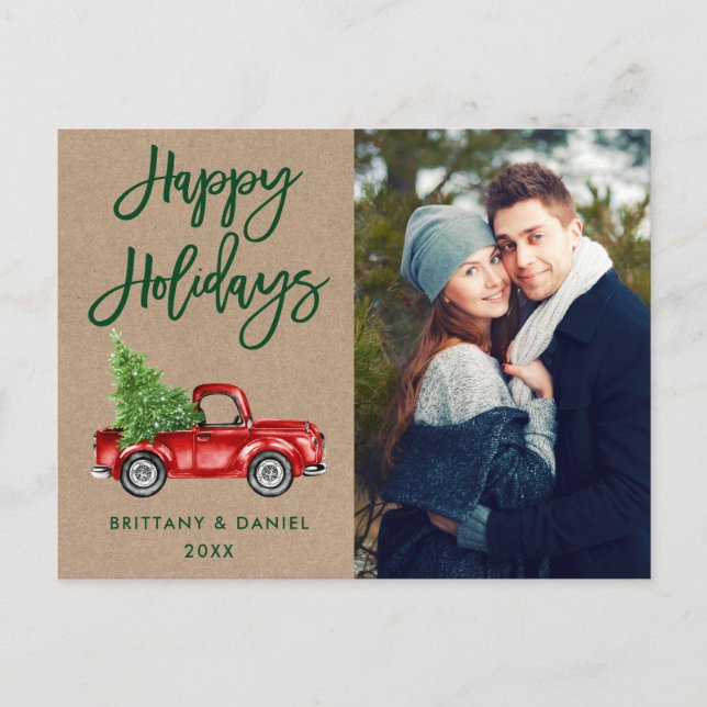Kraft Brush Script Truck Couple Photo Holidays Postcard (Front)