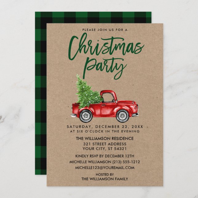 Kraft Brush Script Truck Plaid Christmas Party G Invitation (Front/Back)