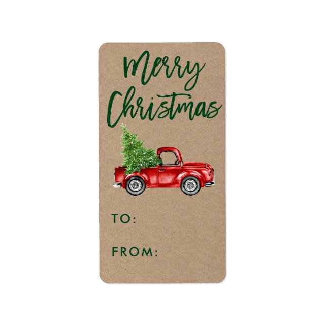 Kraft Brush Script Vintage Truck Christmas Gift Label (Front)